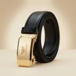 Premium Giorgio Armani men's black leather belt featuring a polished gold automatic buckle and embossed eagle logo (5)