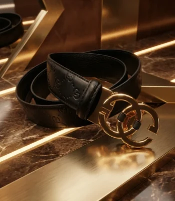 Premium black textured leather women's belt with polished gold interlocking G style buckle (1)