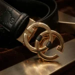 Premium black textured leather women's belt with polished gold interlocking G style buckle (2)