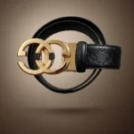 Premium black textured leather women's belt with polished gold interlocking G style buckle (3)