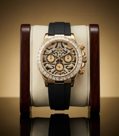 Rolex Cosmograph Daytona Eye of the Tiger 18k yellow gold watch with diamond paved tiger print dial and black Oysterflex strap (1)