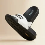 Skechers Hyper Burst Recovery slides in black and white featuring Goodyear rubber outsole and contoured footbed (1)