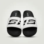 Skechers Hyper Burst Recovery slides in black and white featuring Goodyear rubber outsole and contoured footbed (2)