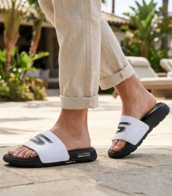 Skechers Hyper Burst Recovery slides in black and white featuring Goodyear rubber outsole and contoured footbed (5)