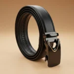 Sleek Black Automatic Buckle Leather Belt for Men with Gold Accent (1)