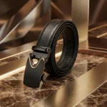 Sleek Black Automatic Buckle Leather Belt for Men with Gold Accent (2)