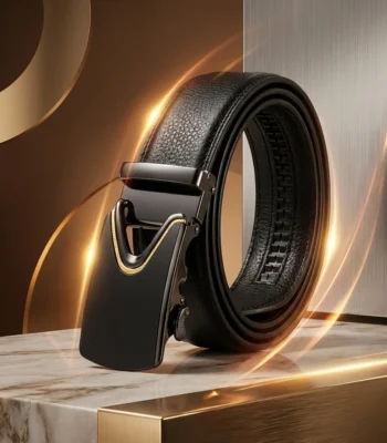 Sleek Black Automatic Buckle Leather Belt for Men with Gold Accent (3)