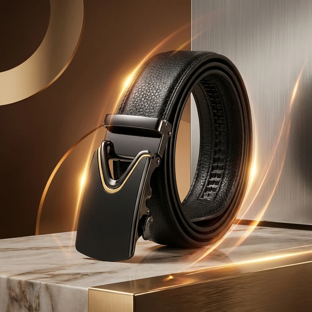 Sleek Black Automatic Buckle Leather Belt for Men with Gold Accent (3)