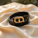 Slim Black Leather Belt for Women with Gold Toned Oval Buckle (1)