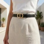 Slim Black Leather Belt for Women with Gold Toned Oval Buckle (2)