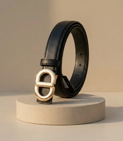 Slim Black Leather Belt for Women with Gold Toned Oval Buckle (4)