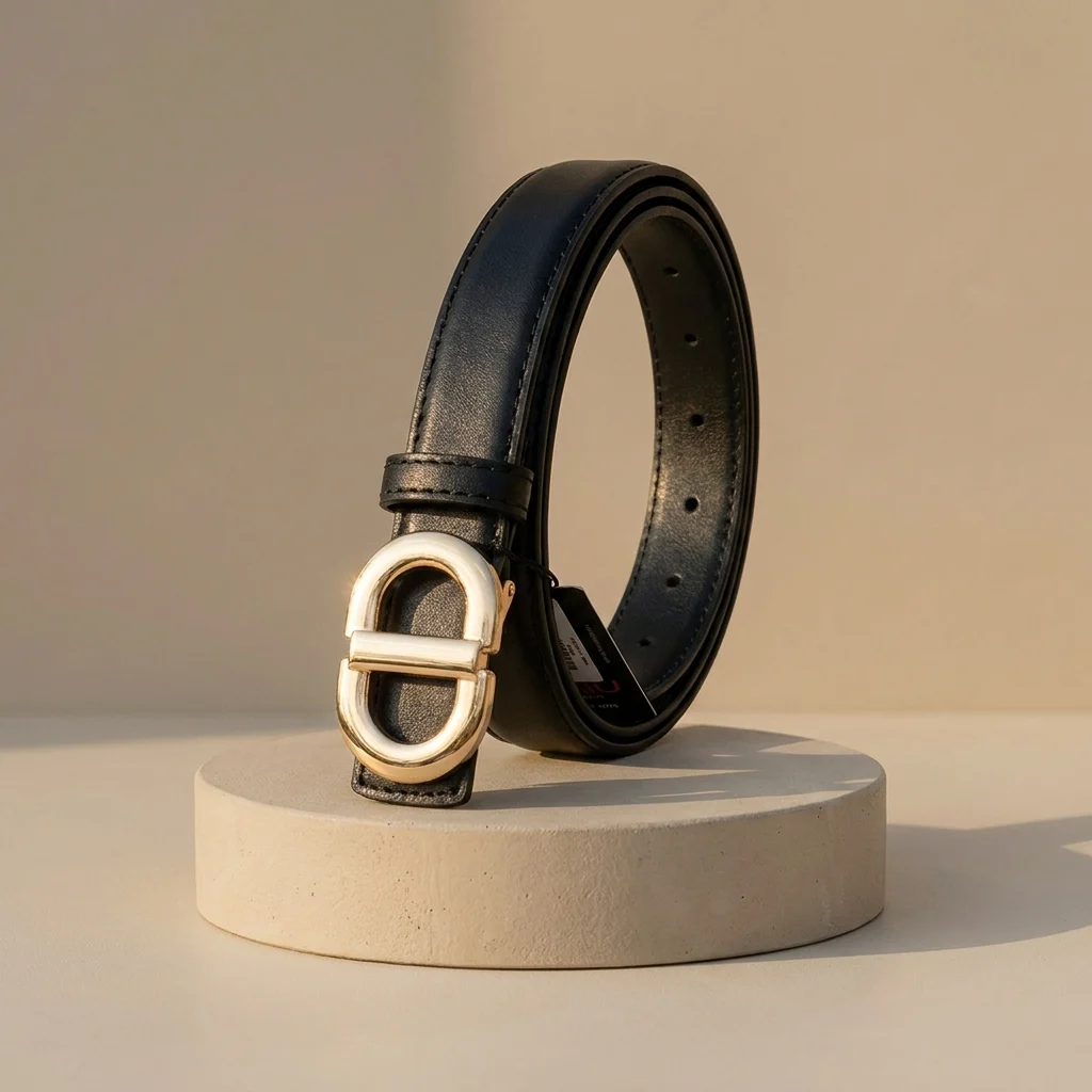 Slim Black Leather Belt for Women with Gold Toned Oval Buckle (4)