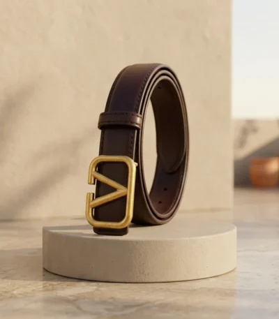 Slim Dark Brown Leather Belt for Women with Gold V Logo Buckle (1)