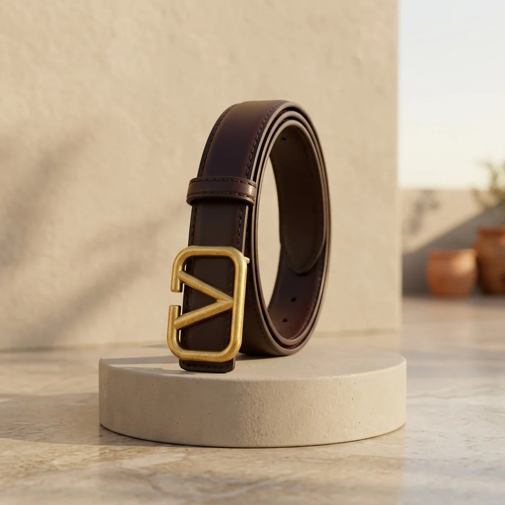 Slim Dark Brown Leather Belt for Women with Gold V Logo Buckle (1)