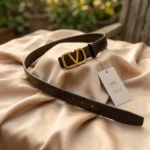 Slim Dark Brown Leather Belt for Women with Gold V Logo Buckle (2)