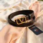 Slim Dark Brown Leather Belt for Women with Gold V Logo Buckle (3)