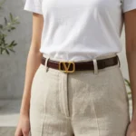 Slim Dark Brown Leather Belt for Women with Gold V Logo Buckle (4)