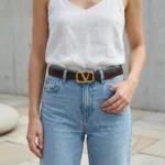 Slim Dark Brown Leather Belt for Women with Gold V Logo Buckle (5)