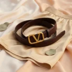 Slim Dark Brown Leather Belt for Women with Gold V Logo Buckle (6)