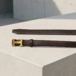 Slim Dark Brown Leather Belt with Gold H Buckle for Women (1)
