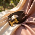 Slim Dark Brown Leather Belt with Gold H Buckle for Women (2)