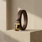 Slim Dark Brown Leather Belt with Gold H Buckle for Women (3)
