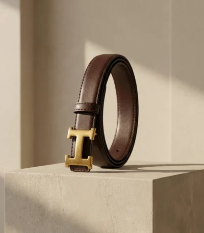 Slim Dark Brown Leather Belt with Gold H Buckle for Women (3)
