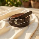 Slim Dark Brown Leather Women's Belt with Silver C Logo Buckle (1)
