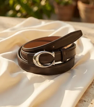 Slim Dark Brown Leather Women's Belt with Silver C Logo Buckle (1)