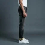 Slim Fit Charcoal Grey Washed Men's Denim Jeans with Gold Cuffed Hem (1)