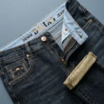 Slim Fit Charcoal Grey Washed Men's Denim Jeans with Gold Cuffed Hem (2)