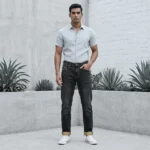 Slim Fit Charcoal Grey Washed Men's Denim Jeans with Gold Cuffed Hem (4)