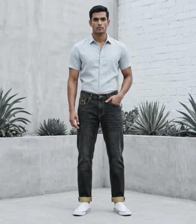 Slim Fit Charcoal Grey Washed Men's Denim Jeans with Gold Cuffed Hem (4)