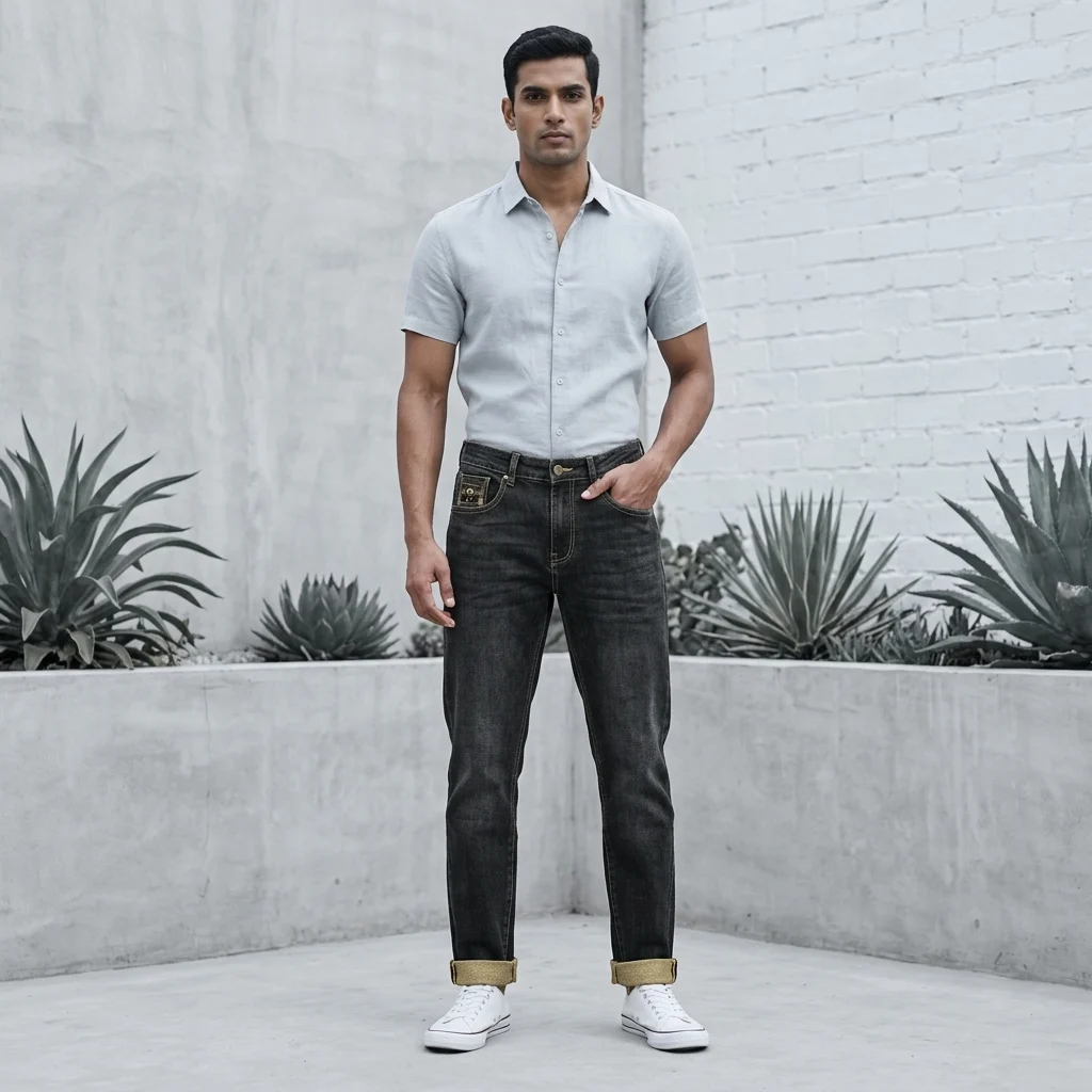 Slim Fit Charcoal Grey Washed Men's Denim Jeans with Gold Cuffed Hem (4) Slim Fit Charcoal Grey Washed Men's Denim Jeans with Gold Cuffed Hem (4)