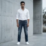 Slim Fit Dark Wash Louis Vuitton Men’s Denim Jeans with Distressed Detail (1)