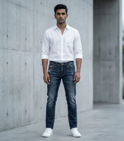 Slim Fit Dark Wash Louis Vuitton Men’s Denim Jeans with Distressed Detail (1)