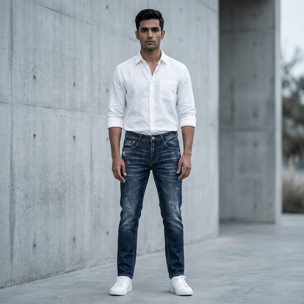 Slim Fit Dark Wash Louis Vuitton Men’s Denim Jeans with Distressed Detail (1)