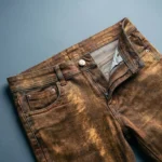 Slim Fit Men's Bronze Metallic Coated Denim Jeans with Distressed Gold Texture (3)