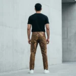 Slim Fit Men's Bronze Metallic Coated Denim Jeans with Distressed Gold Texture (4)