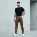 Slim Fit Men's Bronze Metallic Coated Denim Jeans with Distressed Gold Texture (5)