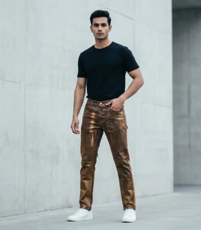 Slim Fit Men's Bronze Metallic Coated Denim Jeans with Distressed Gold Texture (5)