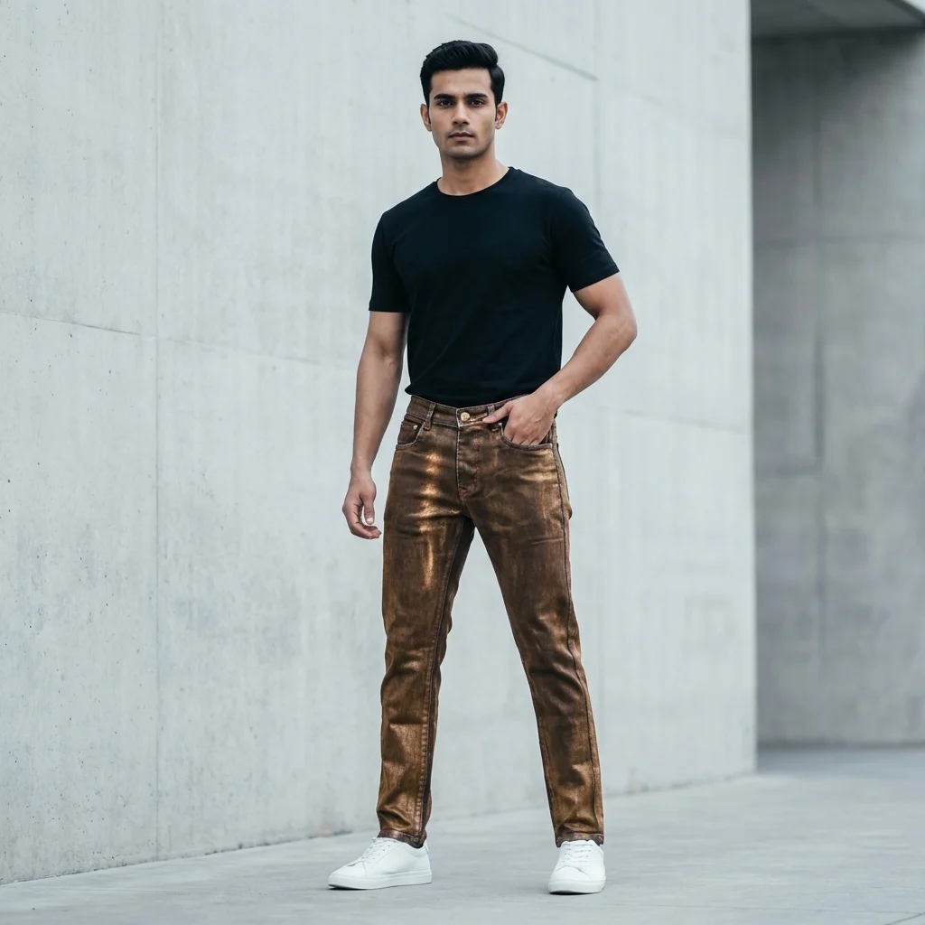 Slim Fit Men's Bronze Metallic Coated Denim Jeans with Distressed Gold Texture (5)