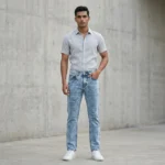 Slim Fit Men's Light Blue Acid Wash Denim Jeans with Gold Branding (1)