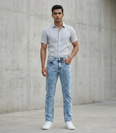 Slim Fit Men's Light Blue Acid Wash Denim Jeans with Gold Branding (1)