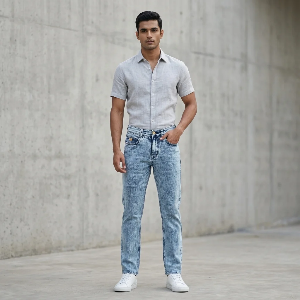 Slim Fit Men's Light Blue Acid Wash Denim Jeans with Gold Branding (1)