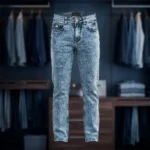 Slim Fit Men's Light Blue Acid Wash Denim Jeans with Gold Branding (2)