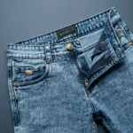 Slim Fit Men's Light Blue Acid Wash Denim Jeans with Gold Branding (3)