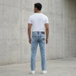 Slim Fit Men's Light Blue Acid Wash Denim Jeans with Gold Branding (5)