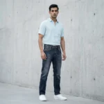 Slim Fit Navy Blue Monogram Waistband Denim Jeans for Men (1)