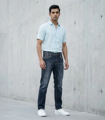 Slim Fit Navy Blue Monogram Waistband Denim Jeans for Men (1)